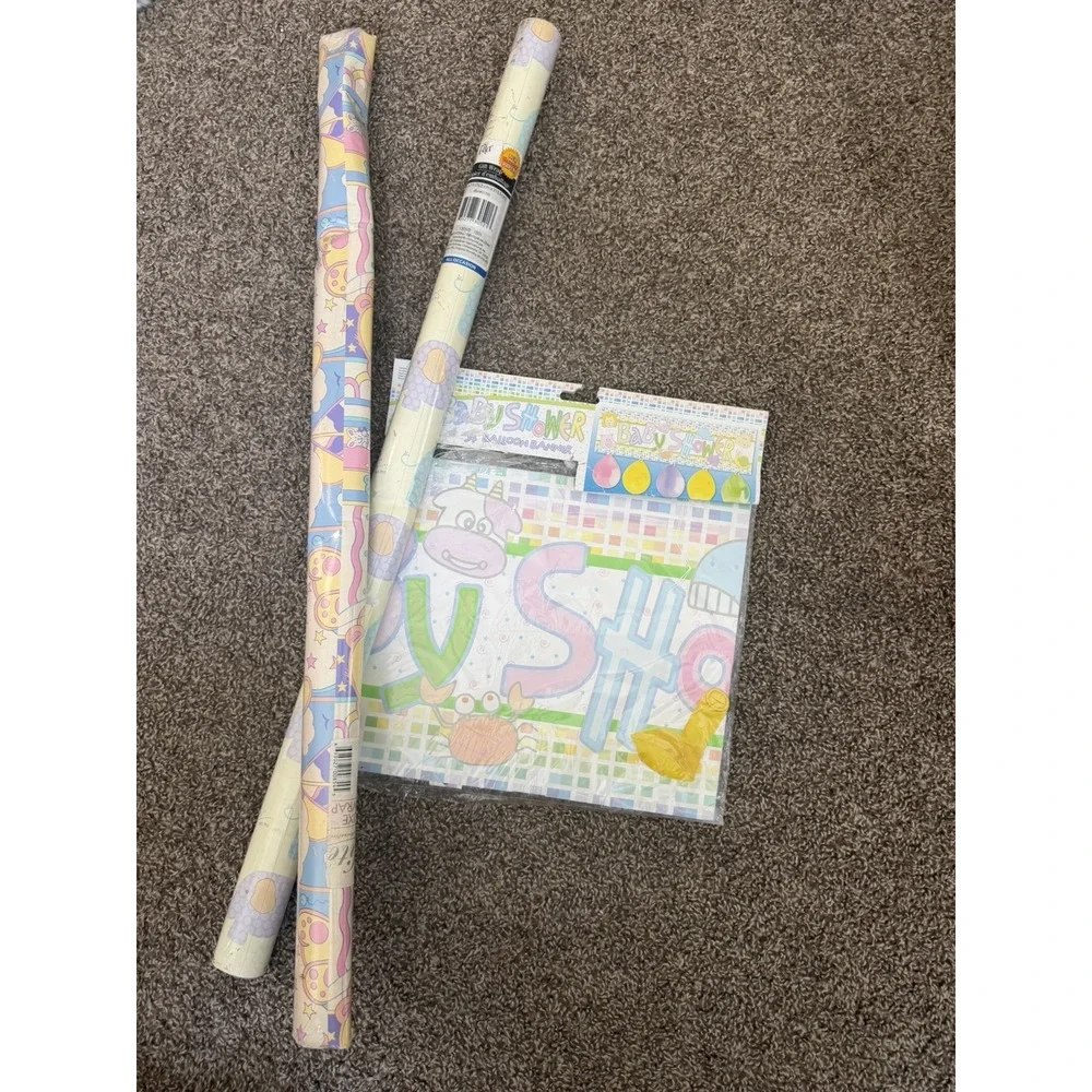 vintage baby shower balloon  banner, frame & 2 rolls of wrapping paper